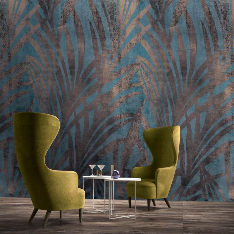 JUNGLE BLUE 120x280, Csodaszép türkiz nagy csempe, bronz pálmalevél mintával ami karaktert visz otthonába.