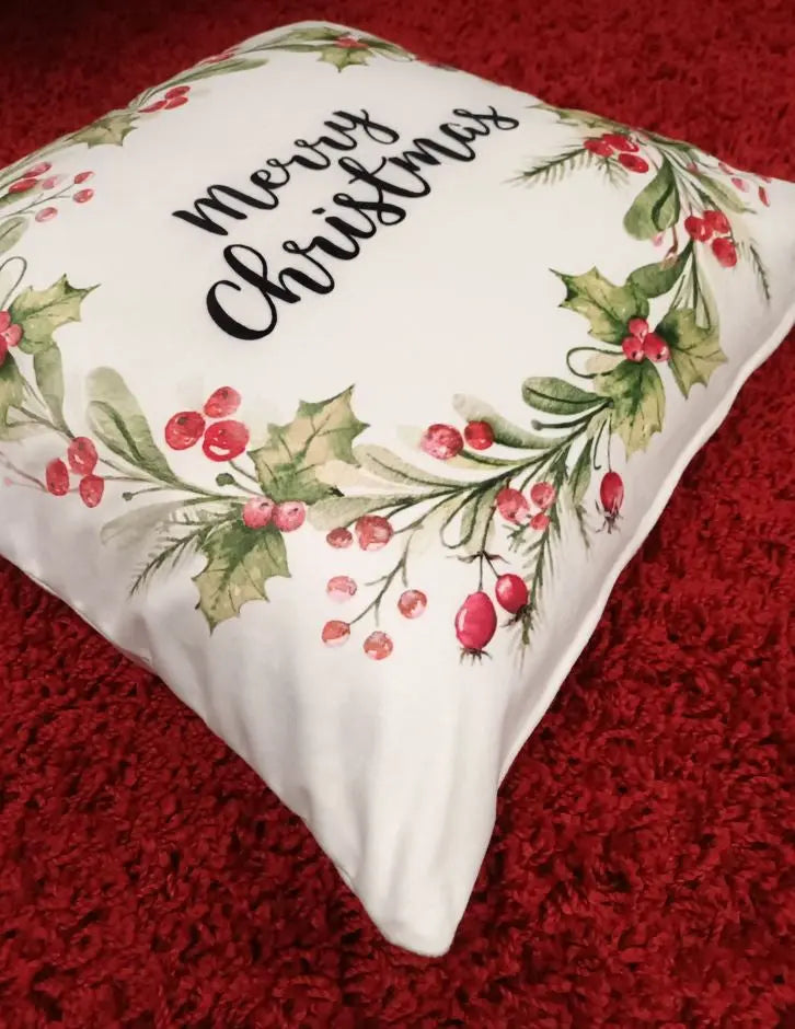 Karácsonyi magyal díszpárna huzat 40x40 / fehér