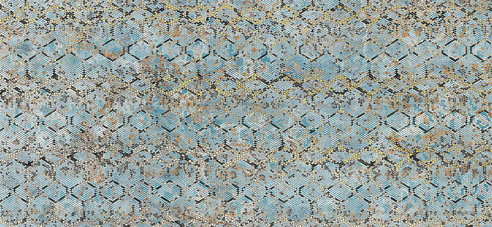 THE ROOM Python- 120x260 Ez a nagy csempe színes kígyóbőr mintáját idézi, fehér, kék, arany és bézs árnyalatokkal. A fehér tágítja a teret, a kék nyugalmat ad, az arany fényesen kiemeli a mintát, így elegáns, harmonikus összhatást teremt.