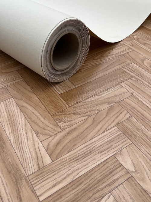 Tölgyfa halszálka mintázatú tekercses vinyl padló 200 cm-es / beige-barna