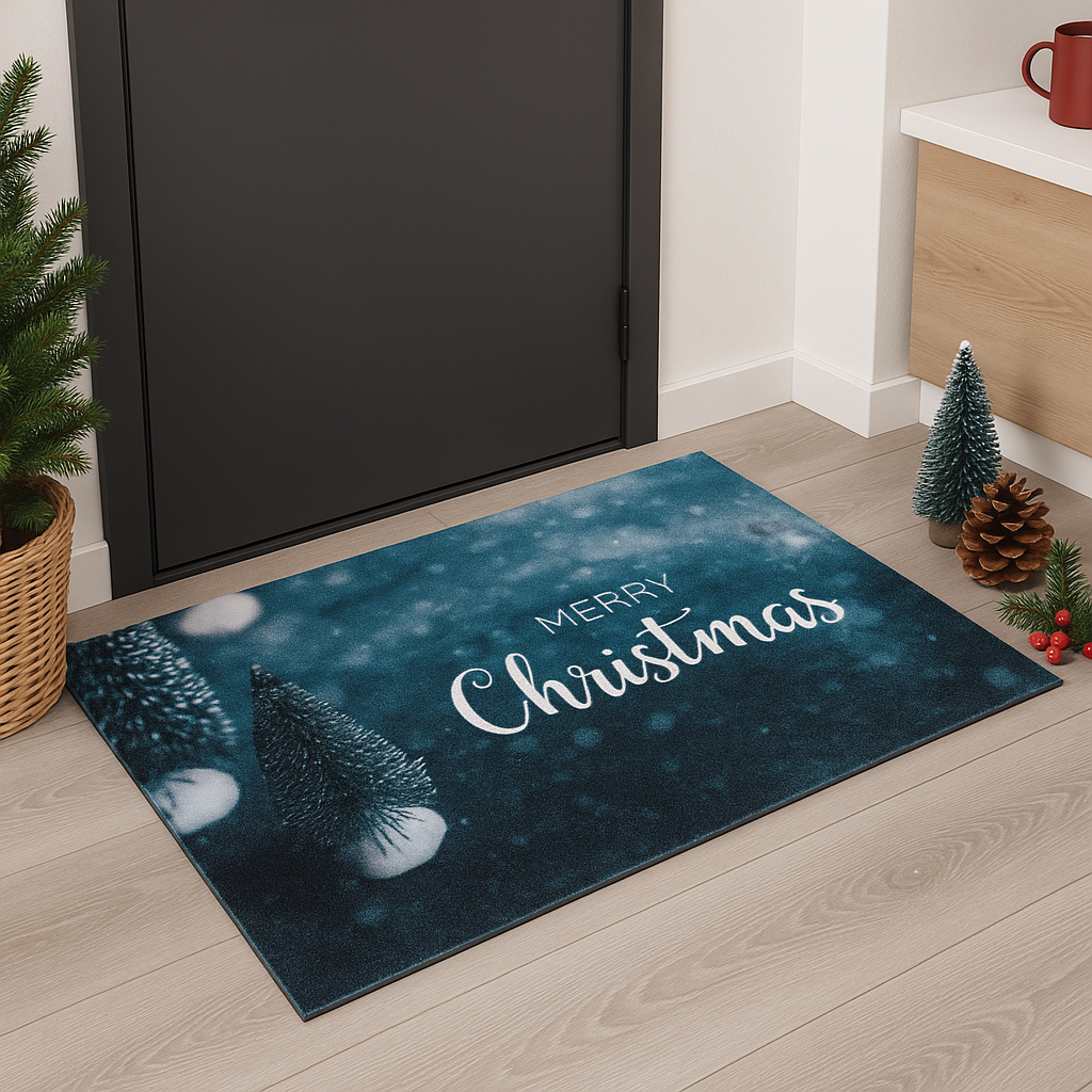Karácsonyi Merry Christmas kék fák- lábtörlő Szőnyegszalon Szőnyegszalon
