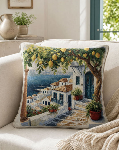 Santorini citromliget díszpárna huzat- Mediterrán nyugalom, amely minden nap nyaralásra emlékeztet