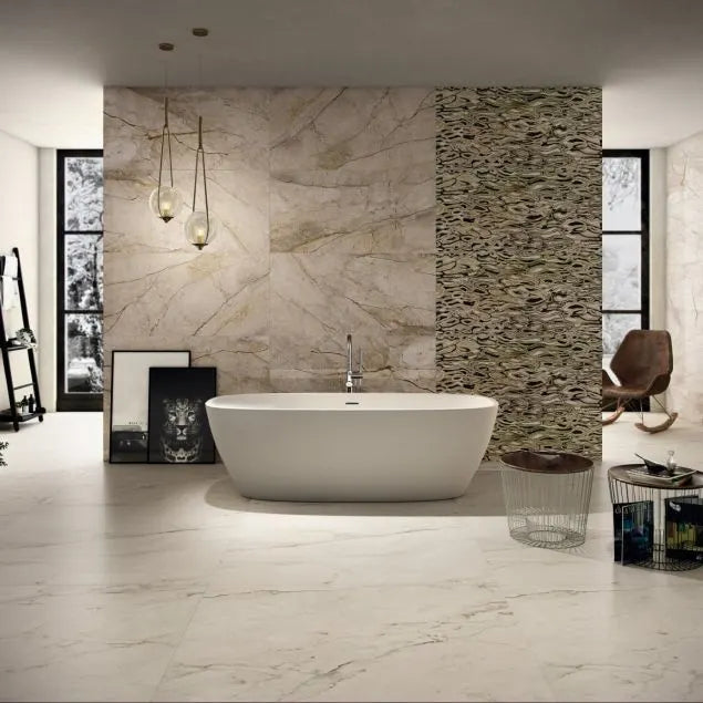 THE ROOM Creamo Delica 60x120- Ez a csempe a természetes elegancia megtestesítője, mintha finoman csiszolt márvány lenne. Bézs és krémszínű árnyalatai nyugalmat és harmóniát árasztanak, tágítják a teret, miközben elegáns, luxus hatást keltenek.