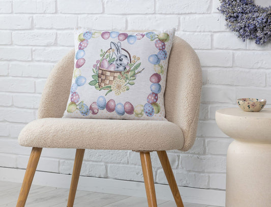 Húsvéti színes tojásos, nyuszis díszpárna huzat 45x45