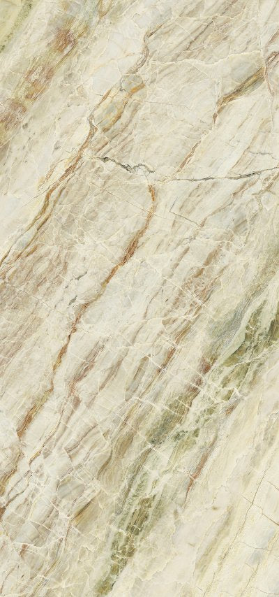 HPM1 PARADISE SHINE 120x260- Ez a nagy csempe a természetbe repít: krémesbarna alapja nyugodt, barátságos hangulatot teremt, míg a barna, arany és zöld erezet karaktert és luxusérzetet ad.