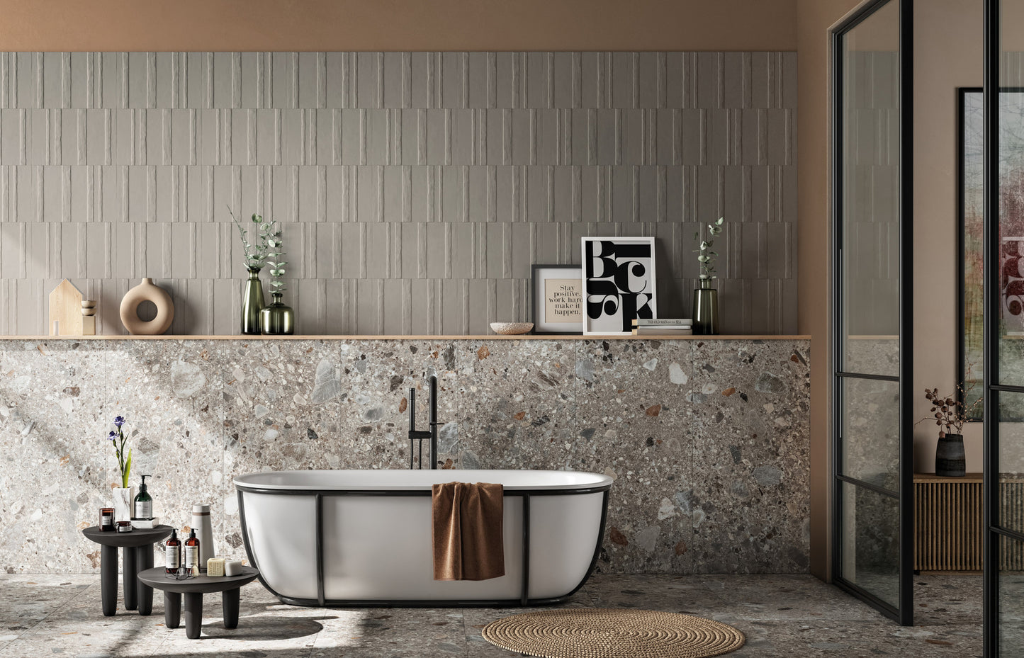 NORR-X RR05 Farge nat. 120*278 Ez a terrazzo hatású csempe egyedi mintázatával és természetes árnyalataival modern, mégis időtálló stílust visz otthonába.