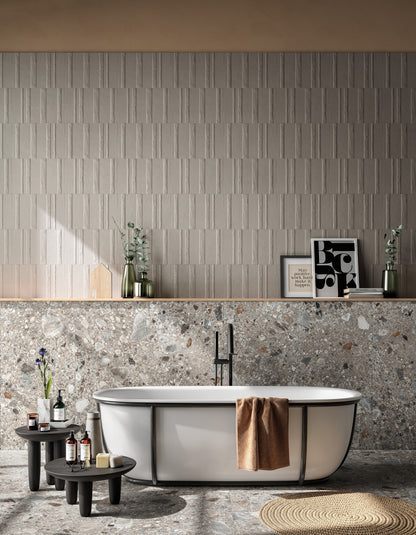 NORR-X RR05 Farge nat. 120*278 Ez a terrazzo hatású csempe egyedi mintázatával és természetes árnyalataival modern, mégis időtálló stílust visz otthonába.