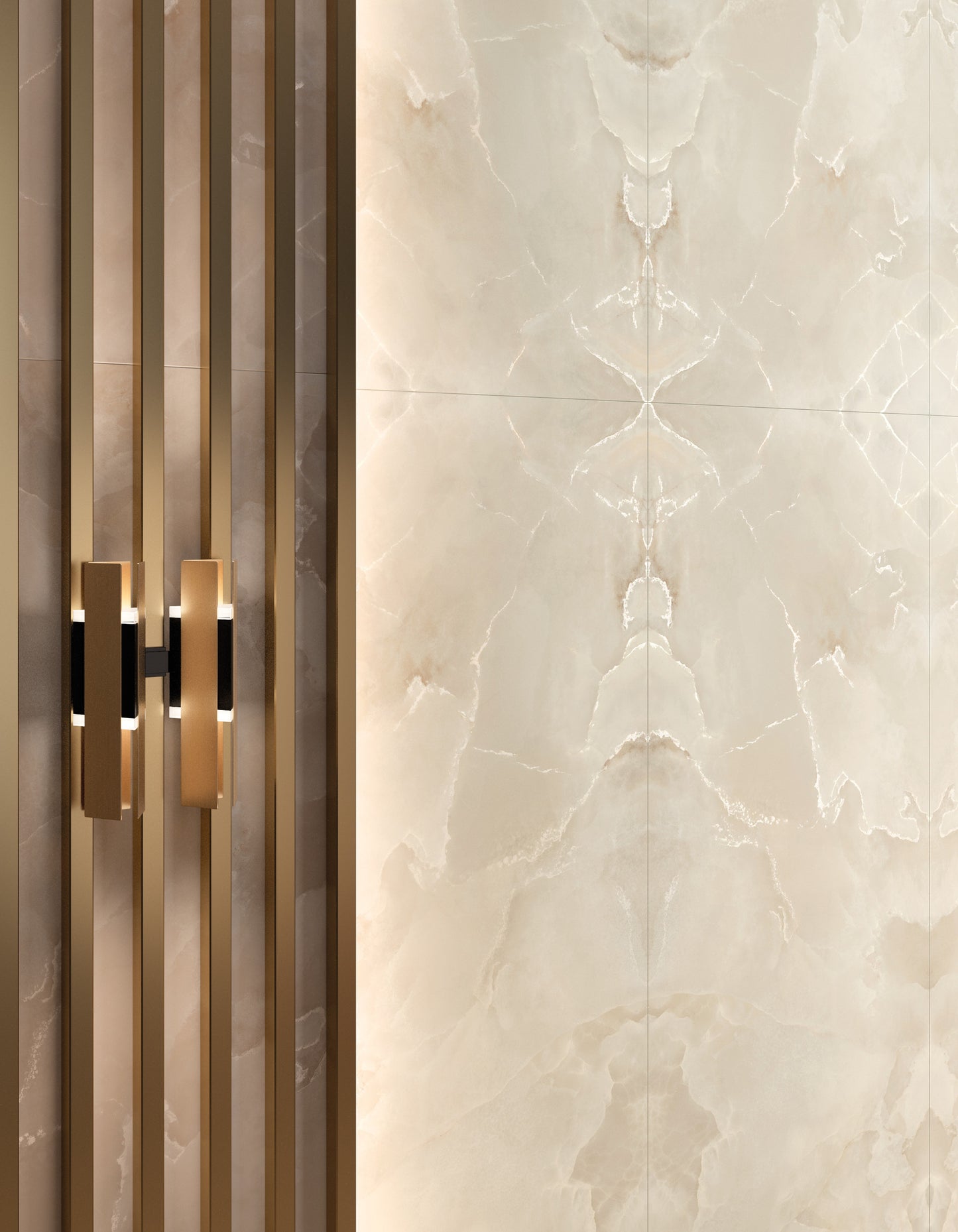 ONYCE COCONUT 120x278 világos, krémes árnyalatú, onyx hatású csempe, amely elegáns, harmonikus megjelenést ad a térnek, miközben optikailag világosabbá és tágasabbá teszi a helyiséget.