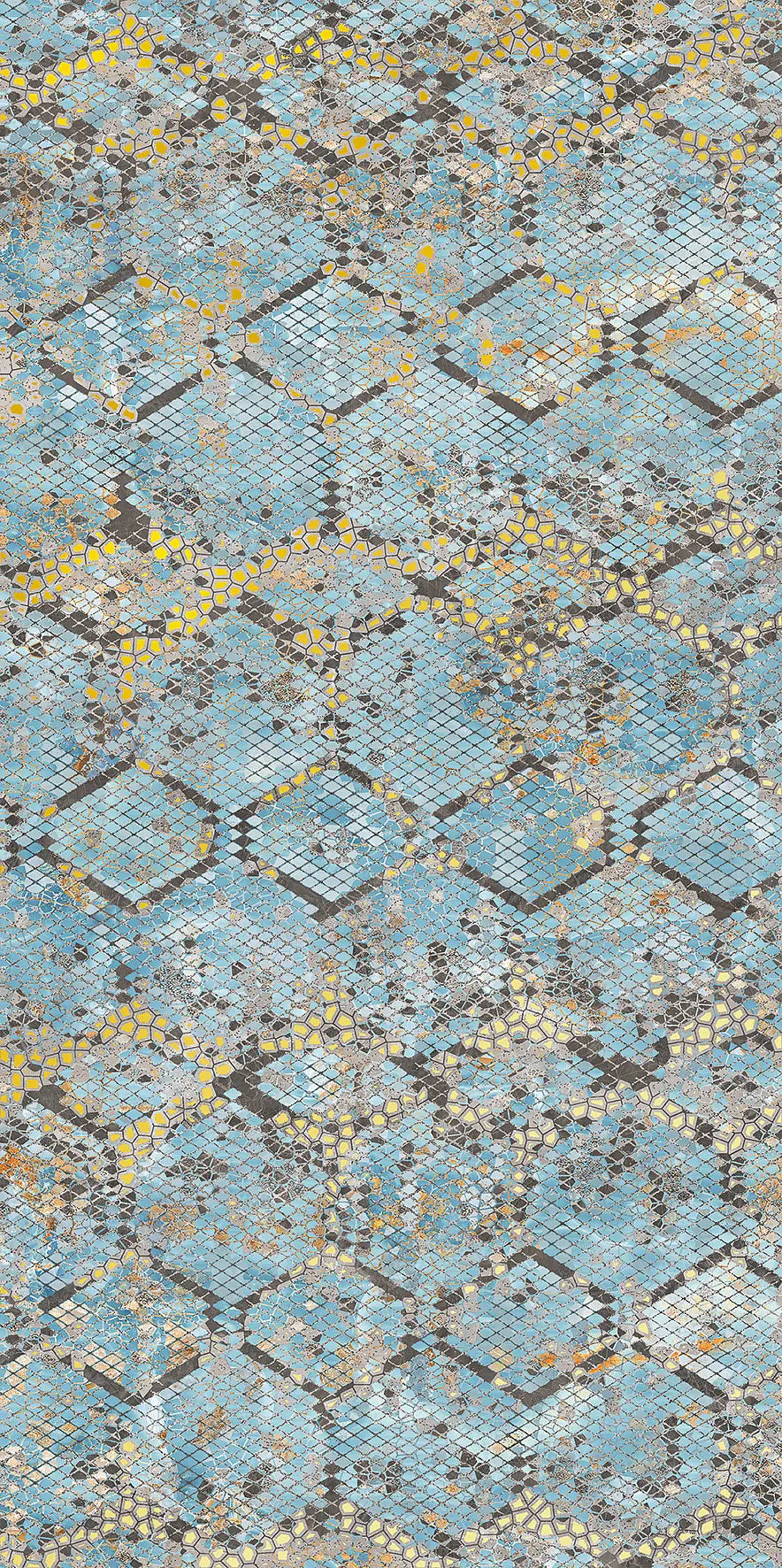 THE ROOM Python- 120x260  Ez a nagy csempe színes kígyóbőr mintáját idézi, fehér, kék, arany és bézs árnyalatokkal. A fehér tágítja a teret, a kék nyugalmat ad, az arany fényesen kiemeli a mintát, így elegáns, harmonikus összhatást teremt.