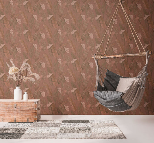 Trópusi levélmintás rozsdabarna színű tapéta 