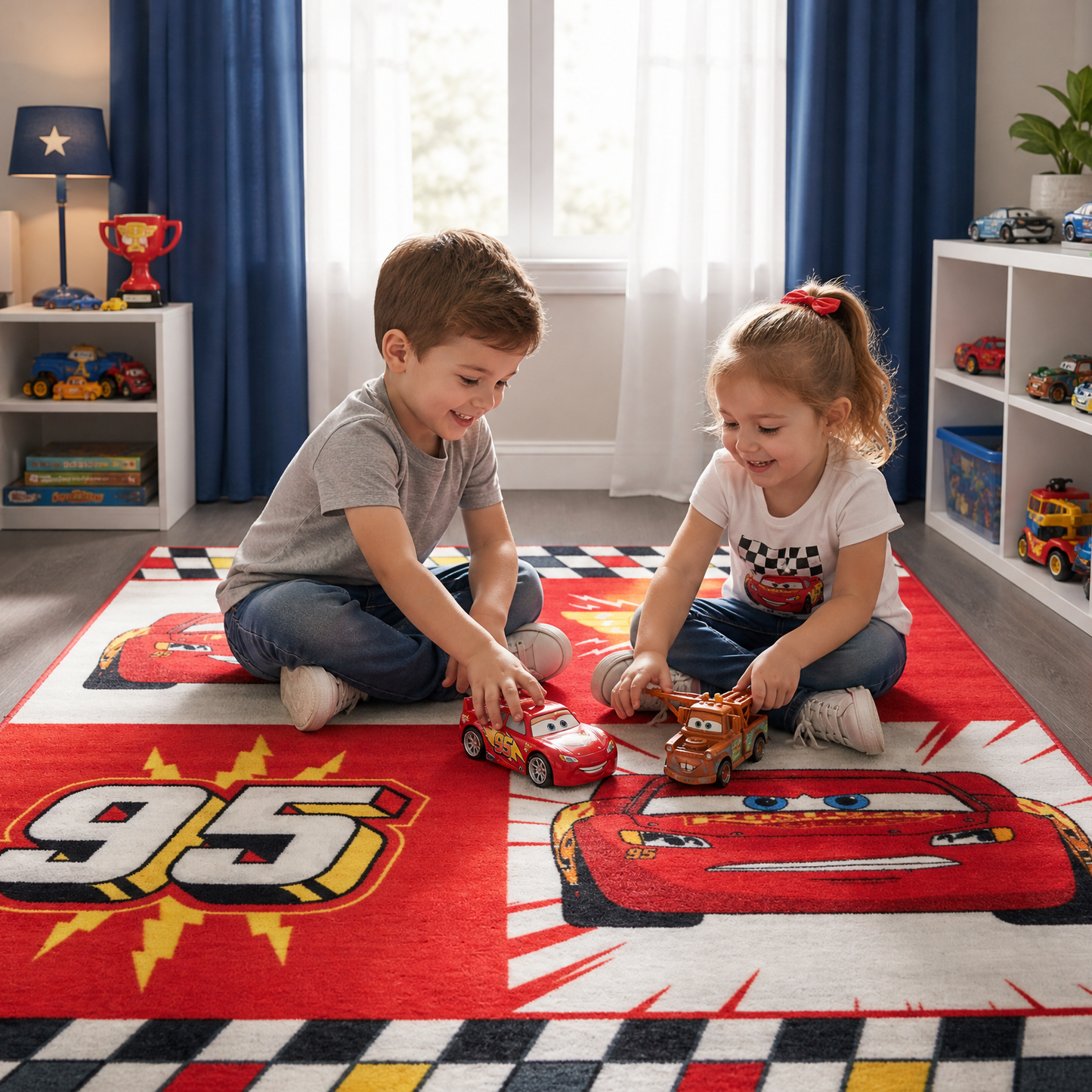 VerdakgyerekszonyegRectangularpatternedrugvidamkisfiuszobaszonyeggel_aminazovodastestverparjatszik_azablakonfeherfenyateresztofuggonyeskeksotetito_apolcokonkisautok_lego