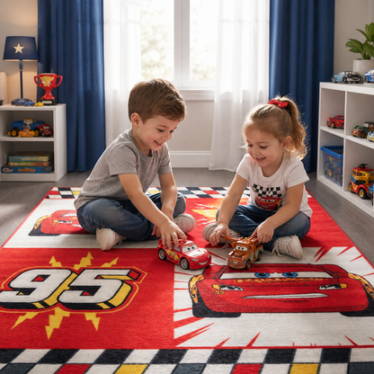 VerdakgyerekszonyegRectangularpatternedrugvidamkisfiuszobaszonyeggel_aminazovodastestverparjatszik_azablakonfeherfenyateresztofuggonyeskeksotetito_apolcokonkisautok_lego